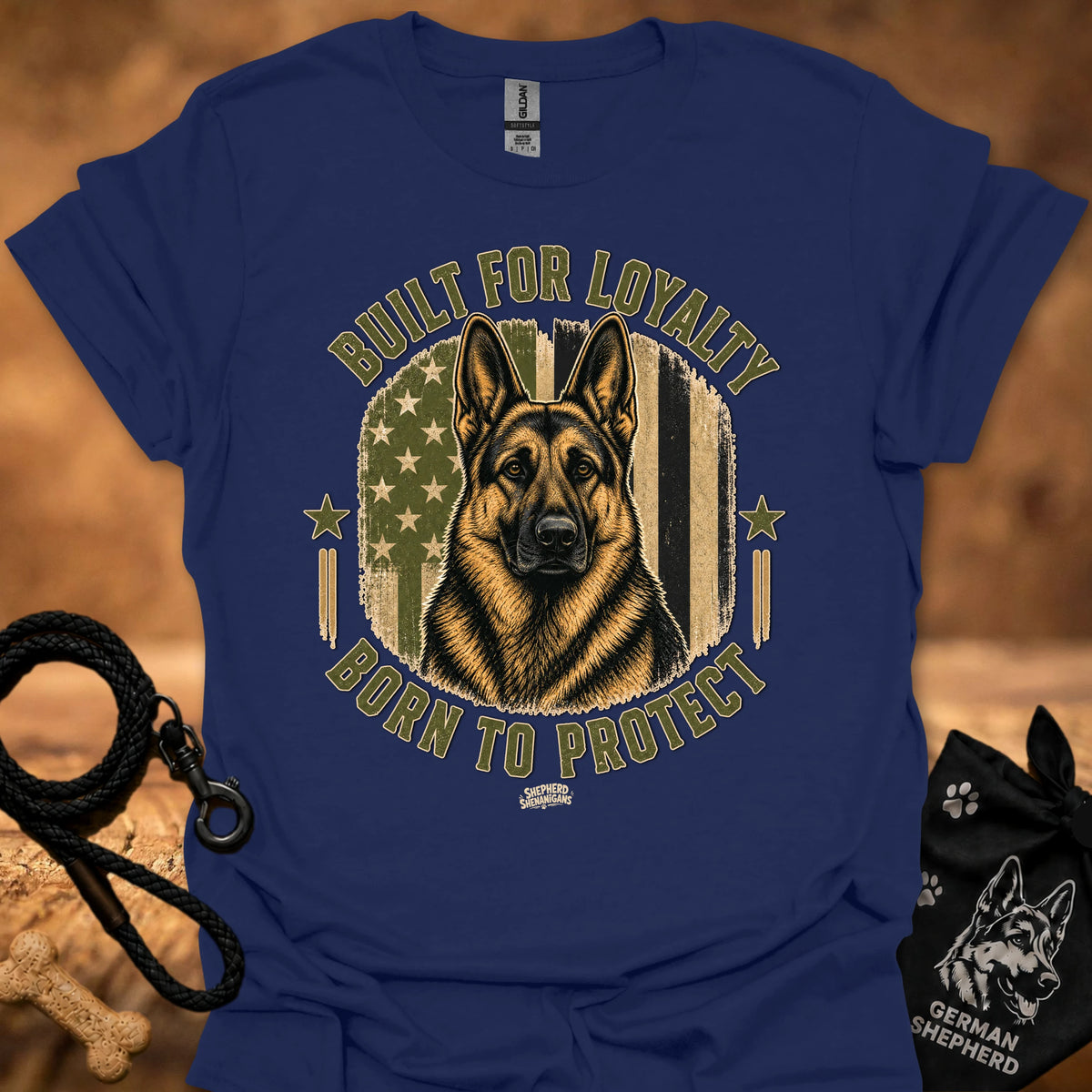 Blue t-shirt with German shepherd graphic and 'Built for Loyalty, Born to Protect' text