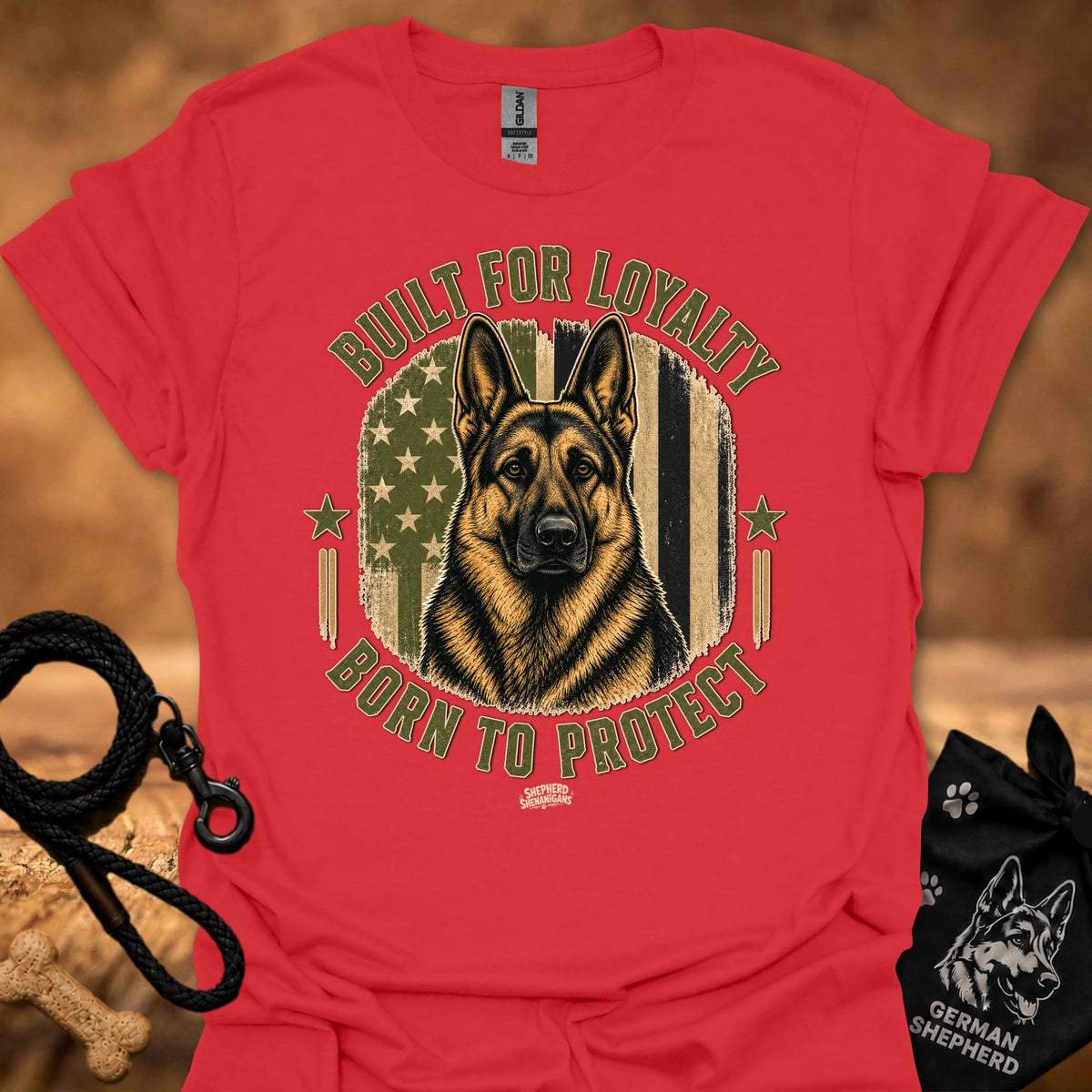 Red t-shirt with German shepherd graphic and 'Built for Loyalty, Born to Protect' text