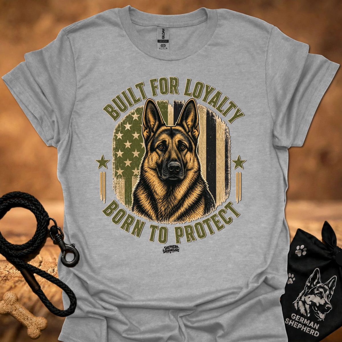 Light gray t-shirt with German shepherd graphic and 'Built for Loyalty, Born to Protect' text