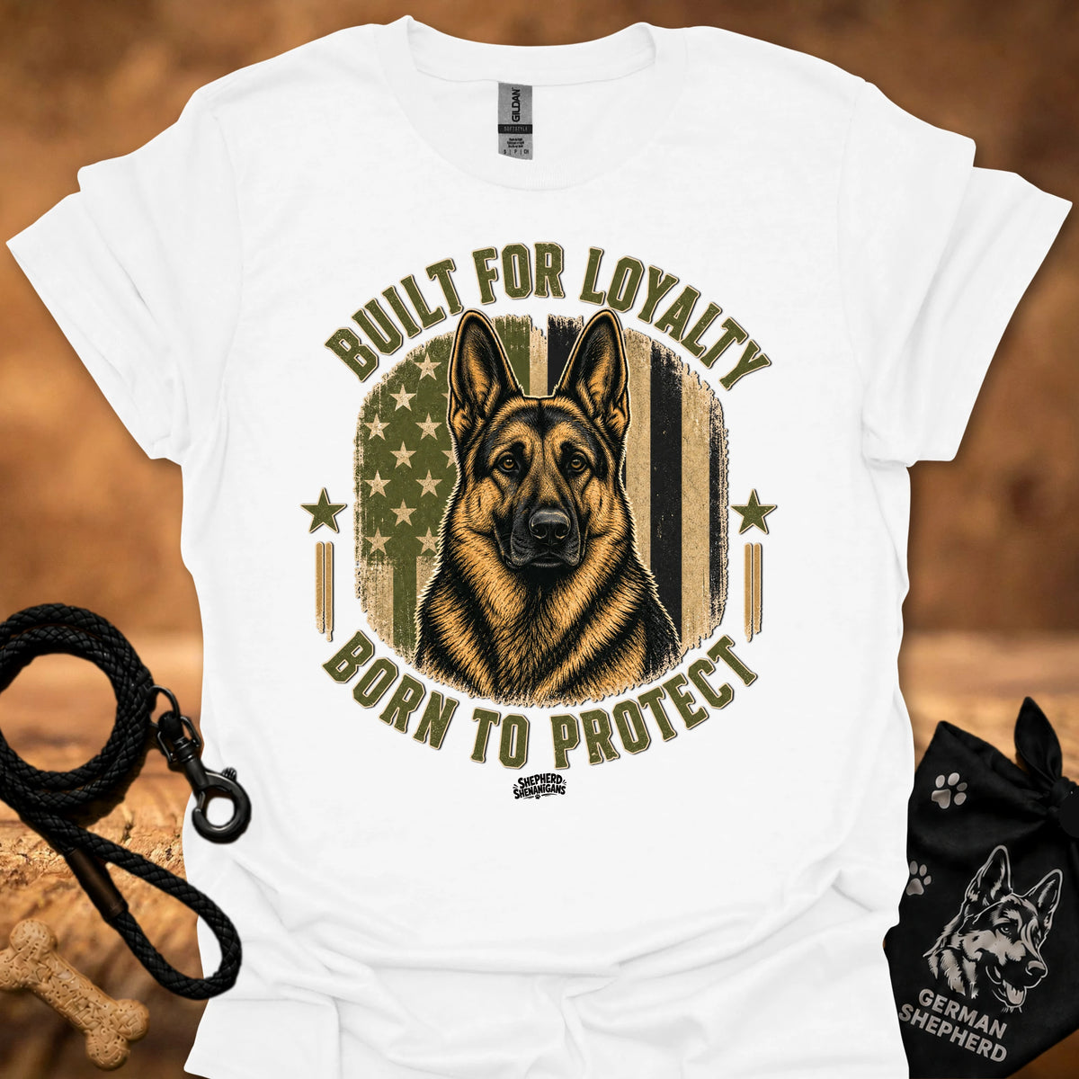 White t-shirt with German shepherd graphic and 'Built for Loyalty, Born to Protect' text