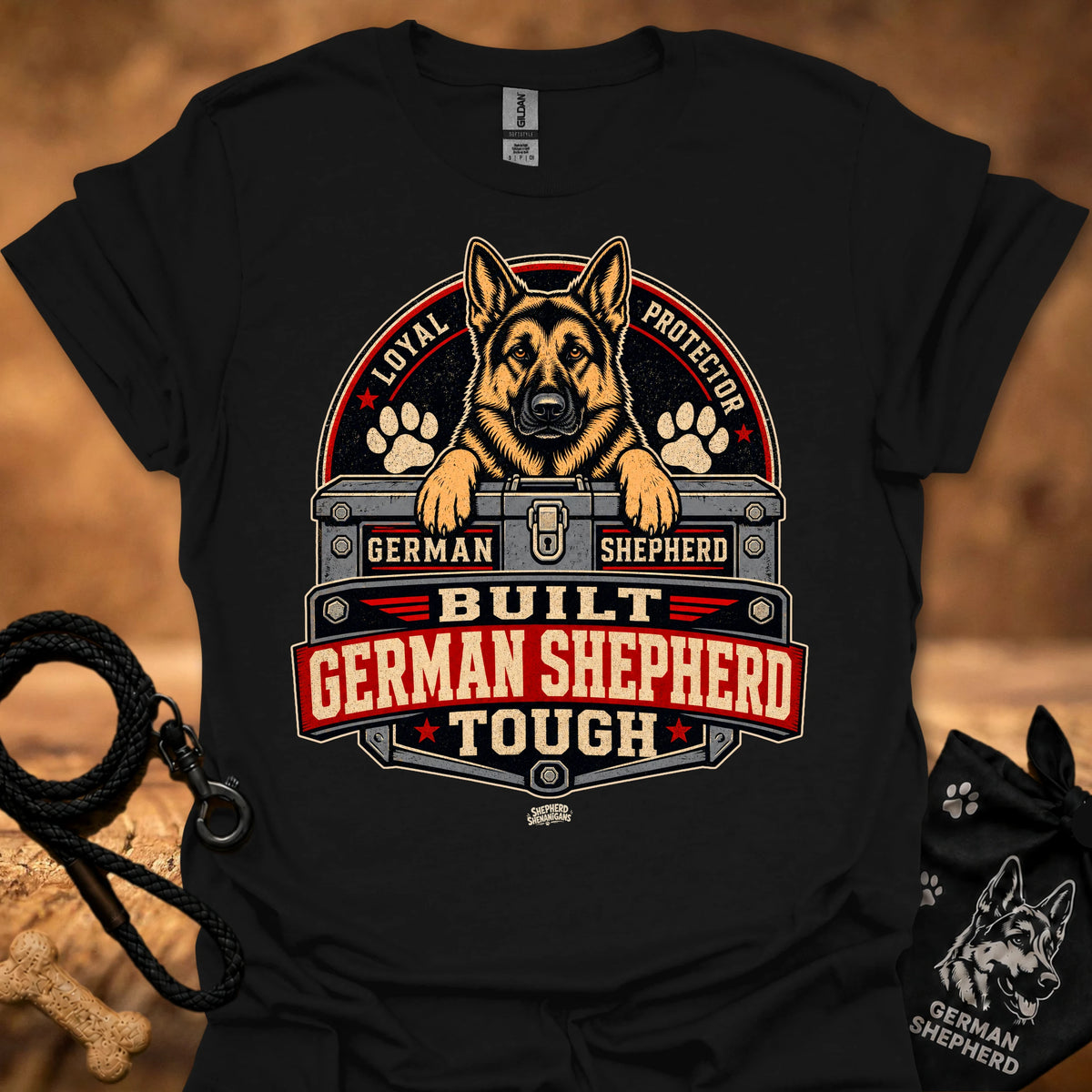 Black short-sleeve T-shirt with German Shepherd crest graphic
