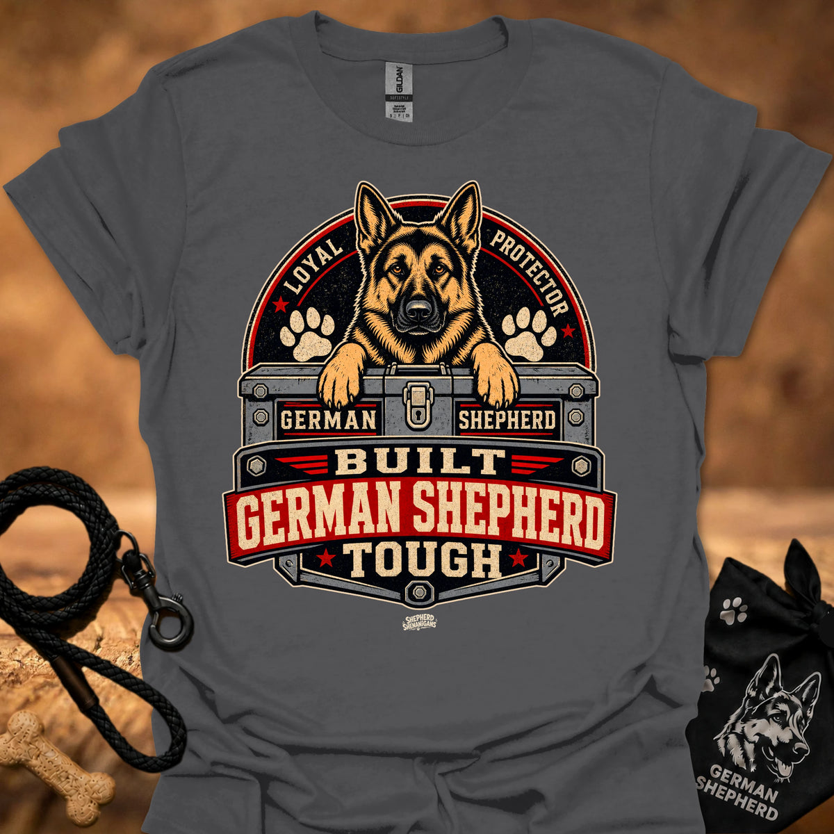 Dark gray short-sleeve T-shirt with German Shepherd crest graphic