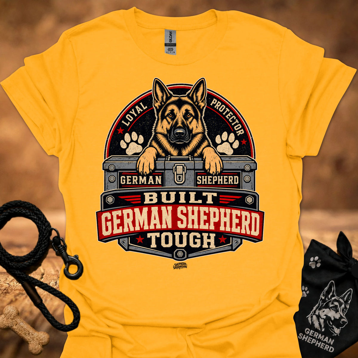 Gold short-sleeve T-shirt with German Shepherd crest graphic