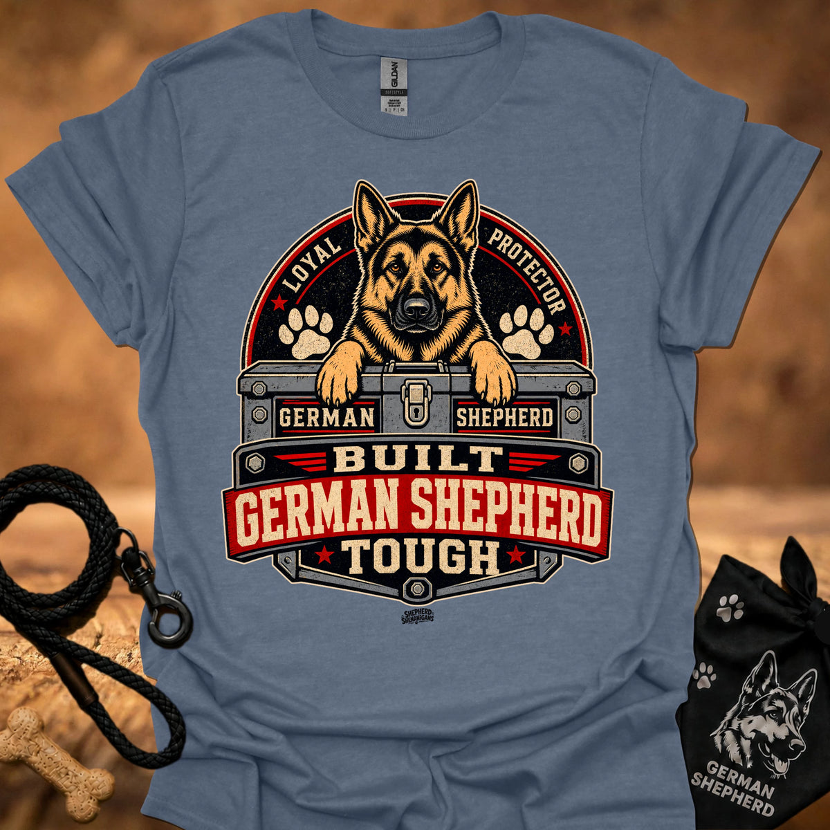 Light blue short-sleeve T-shirt with German Shepherd crest graphic