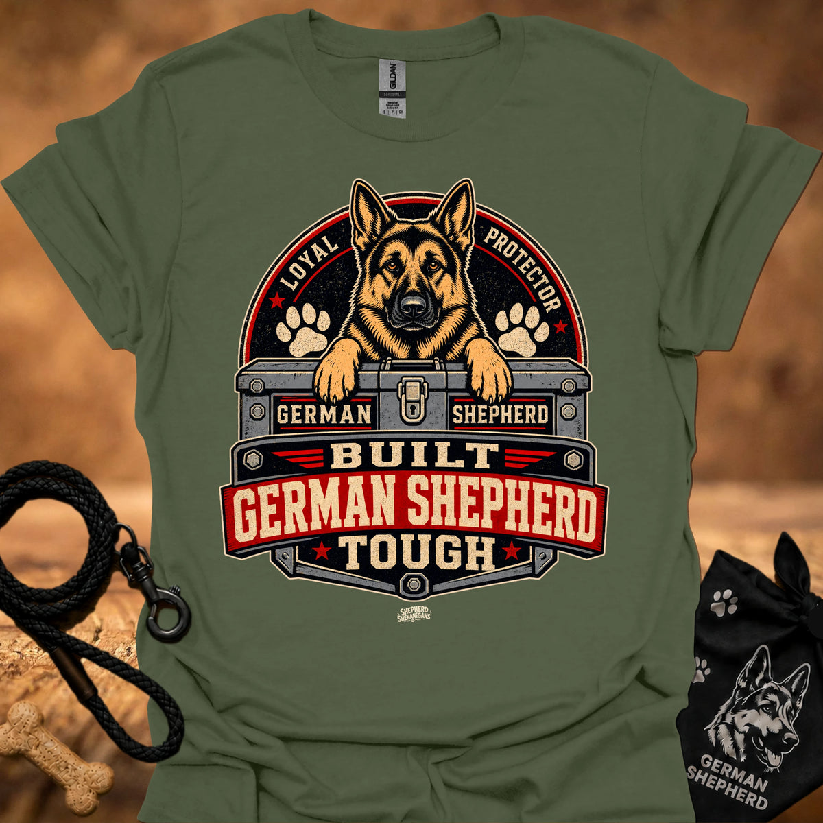 Military green short-sleeve T-shirt with German Shepherd crest graphic