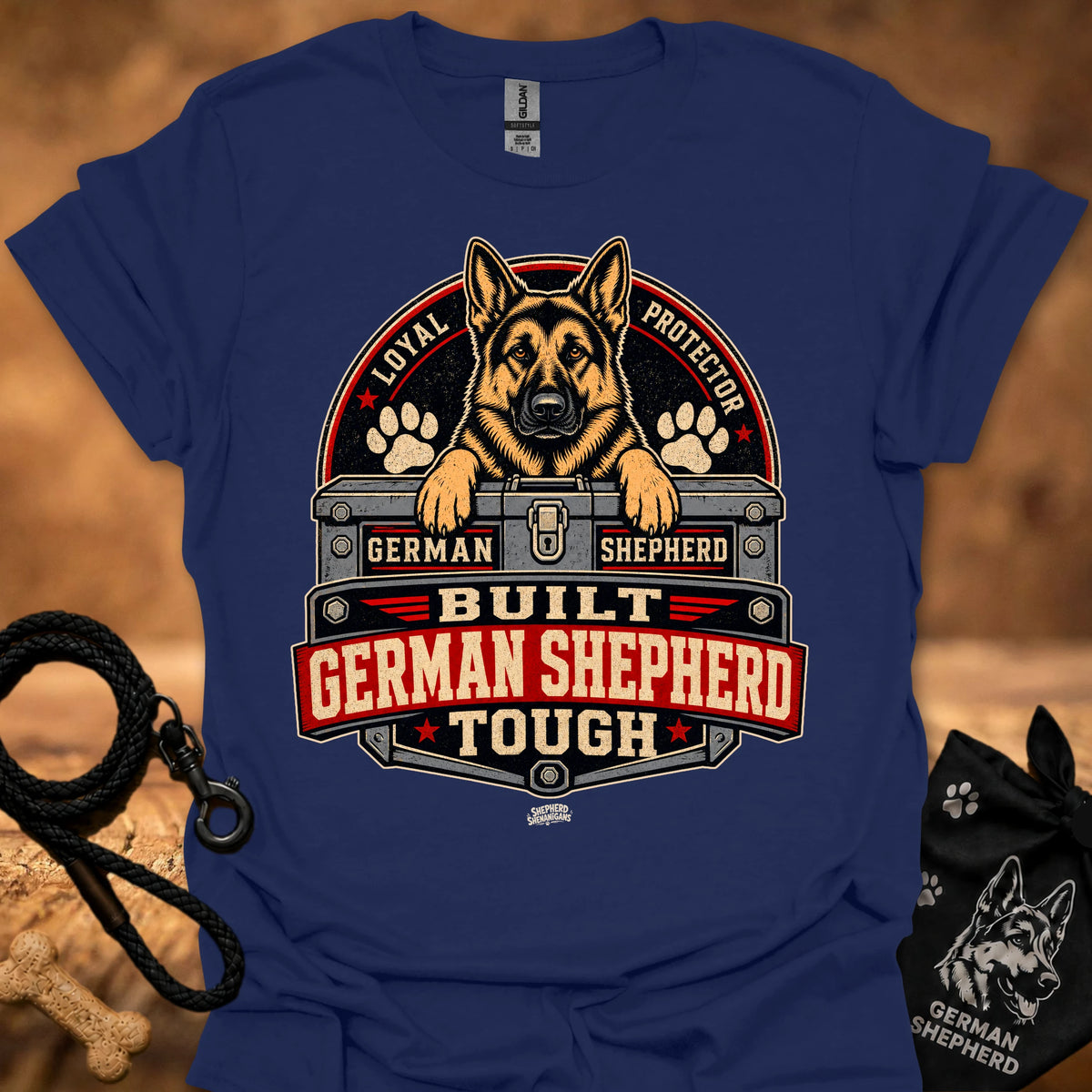 Navy short-sleeve T-shirt with German Shepherd crest graphic