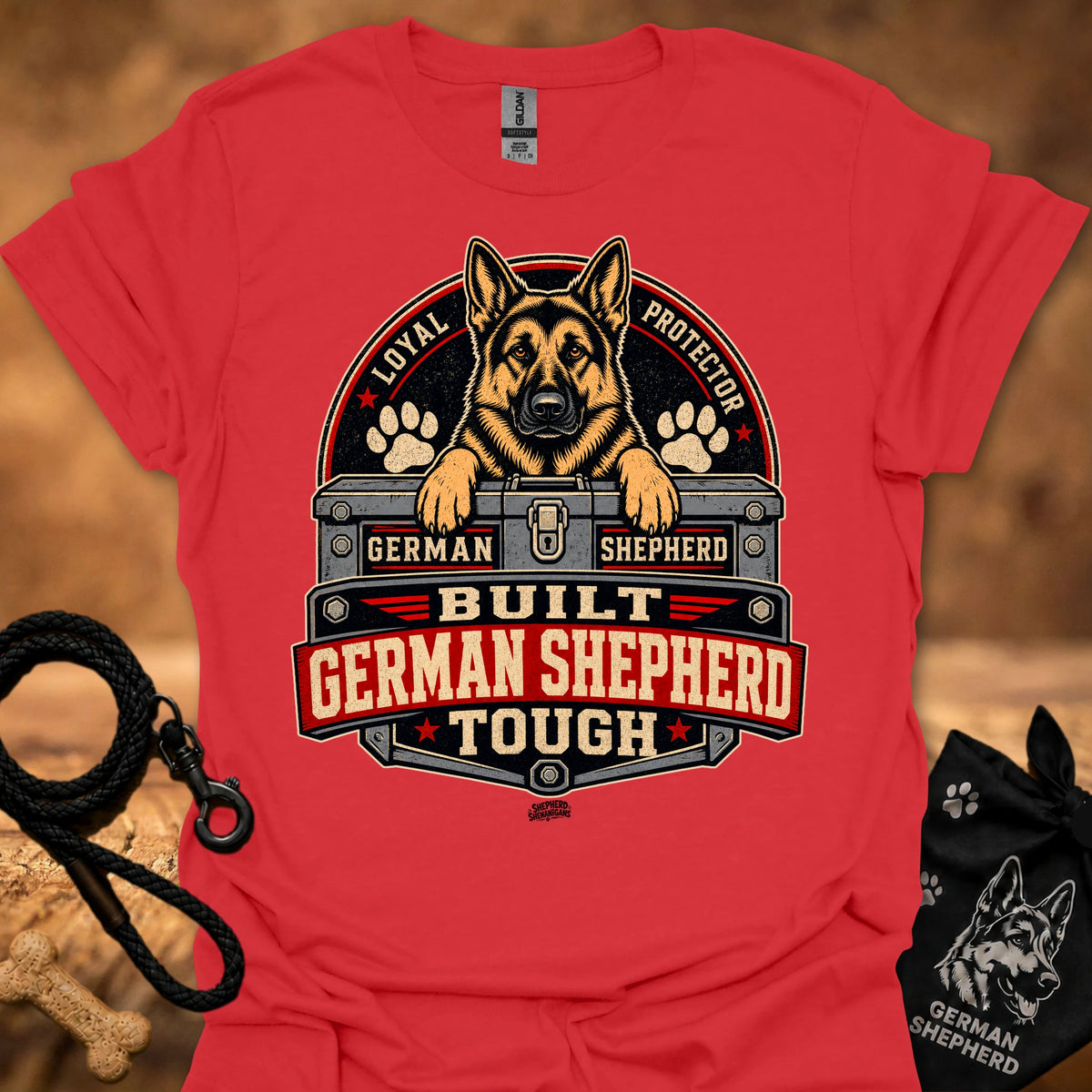 Red short-sleeve T-shirt with German Shepherd crest graphic