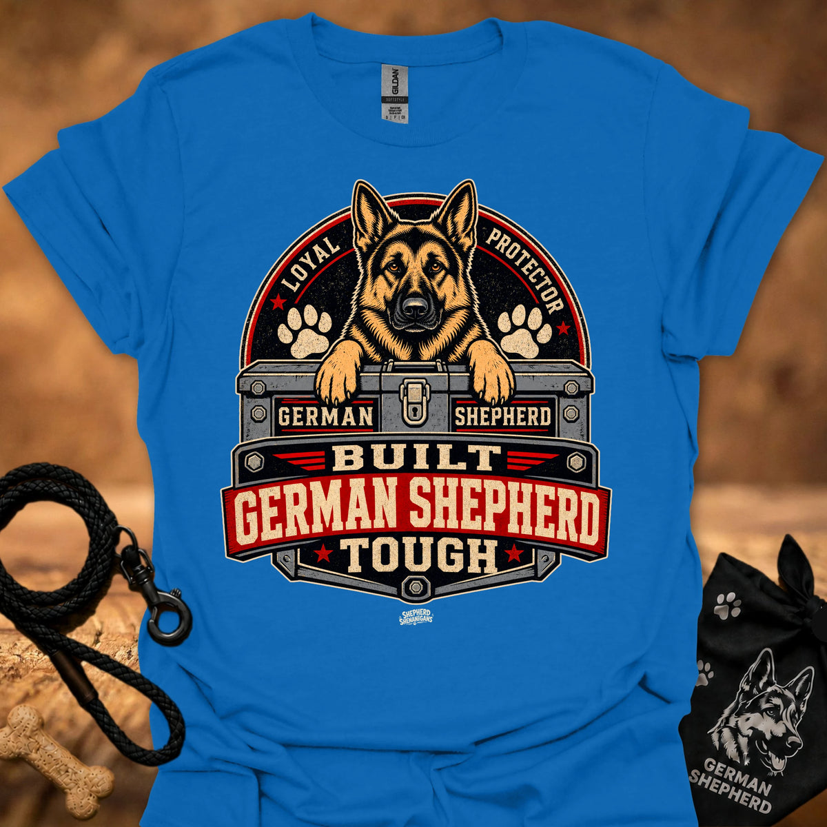 Royal blue short-sleeve T-shirt with German Shepherd crest graphic