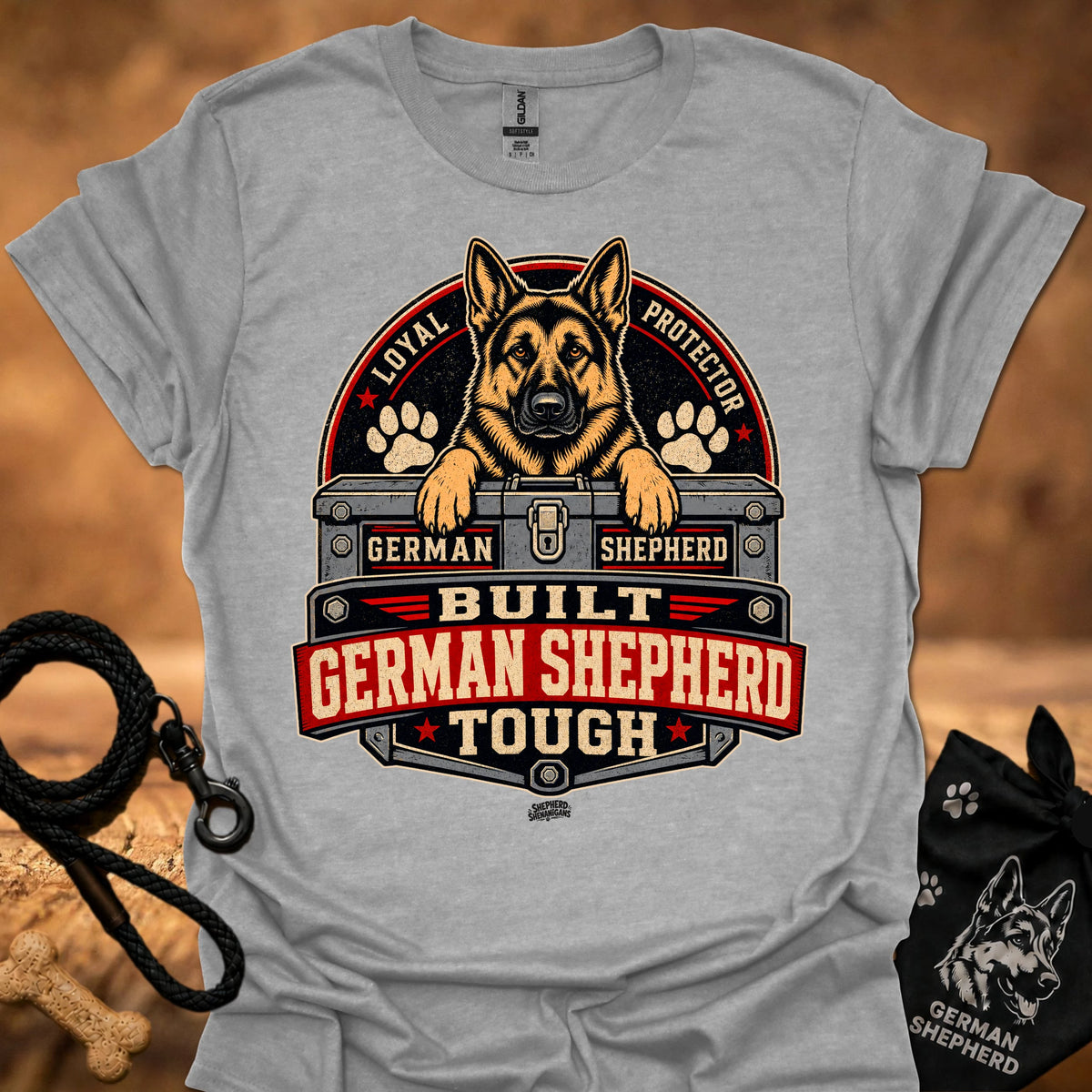Heather gray short-sleeve T-shirt with German Shepherd crest graphic