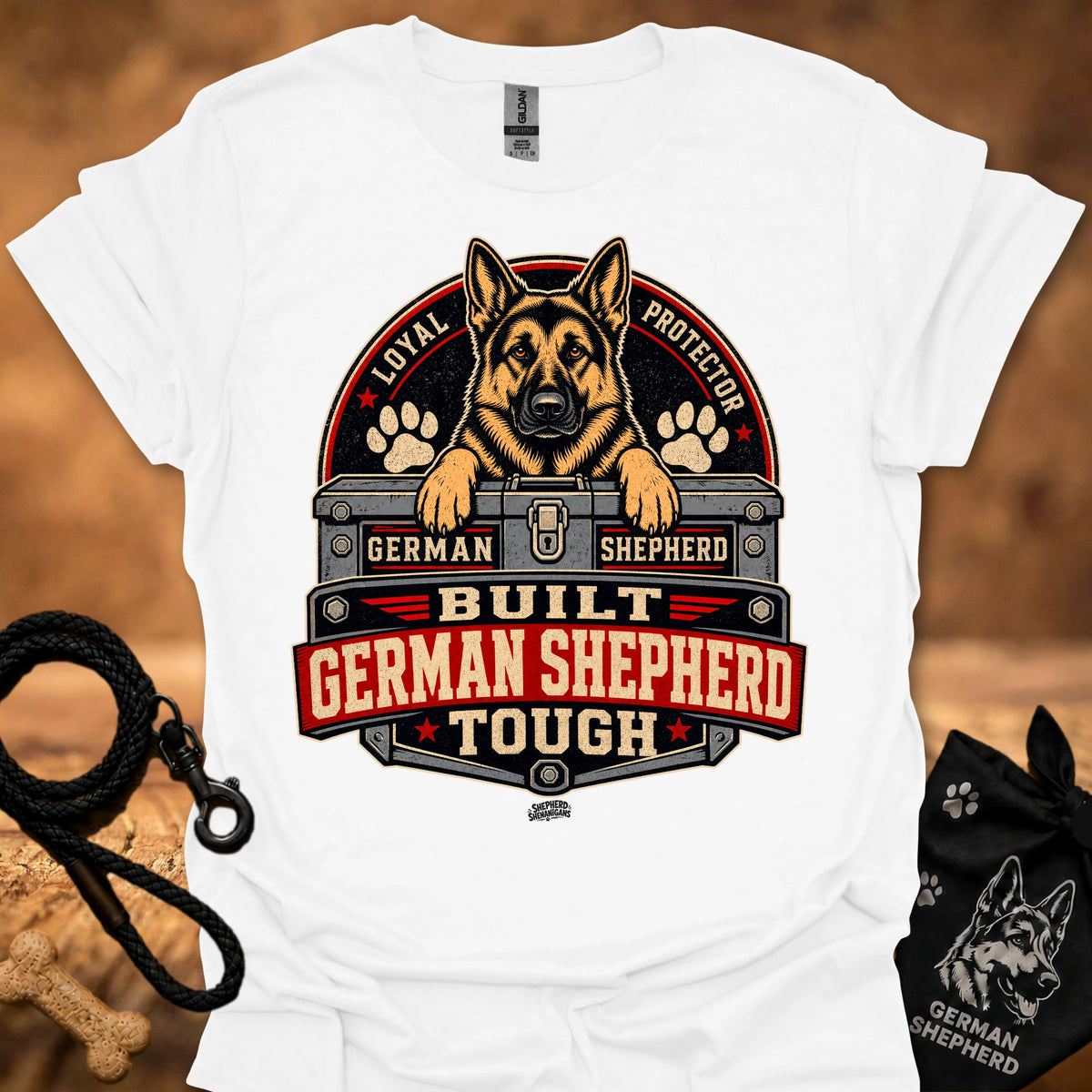 White short-sleeve T-shirt with German Shepherd crest graphic