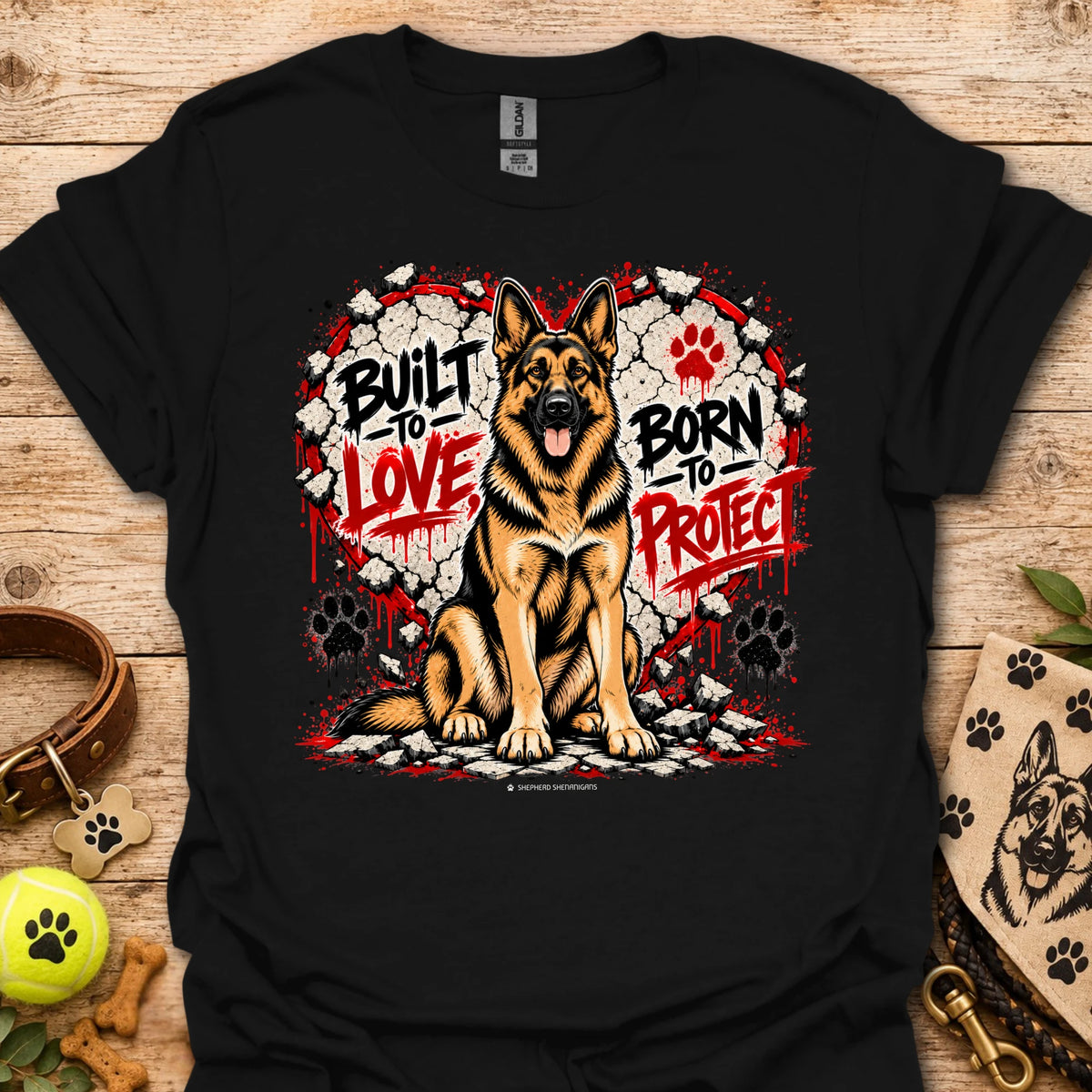 Black T-shirt with German shepherd dog graphic and paw prints wreath