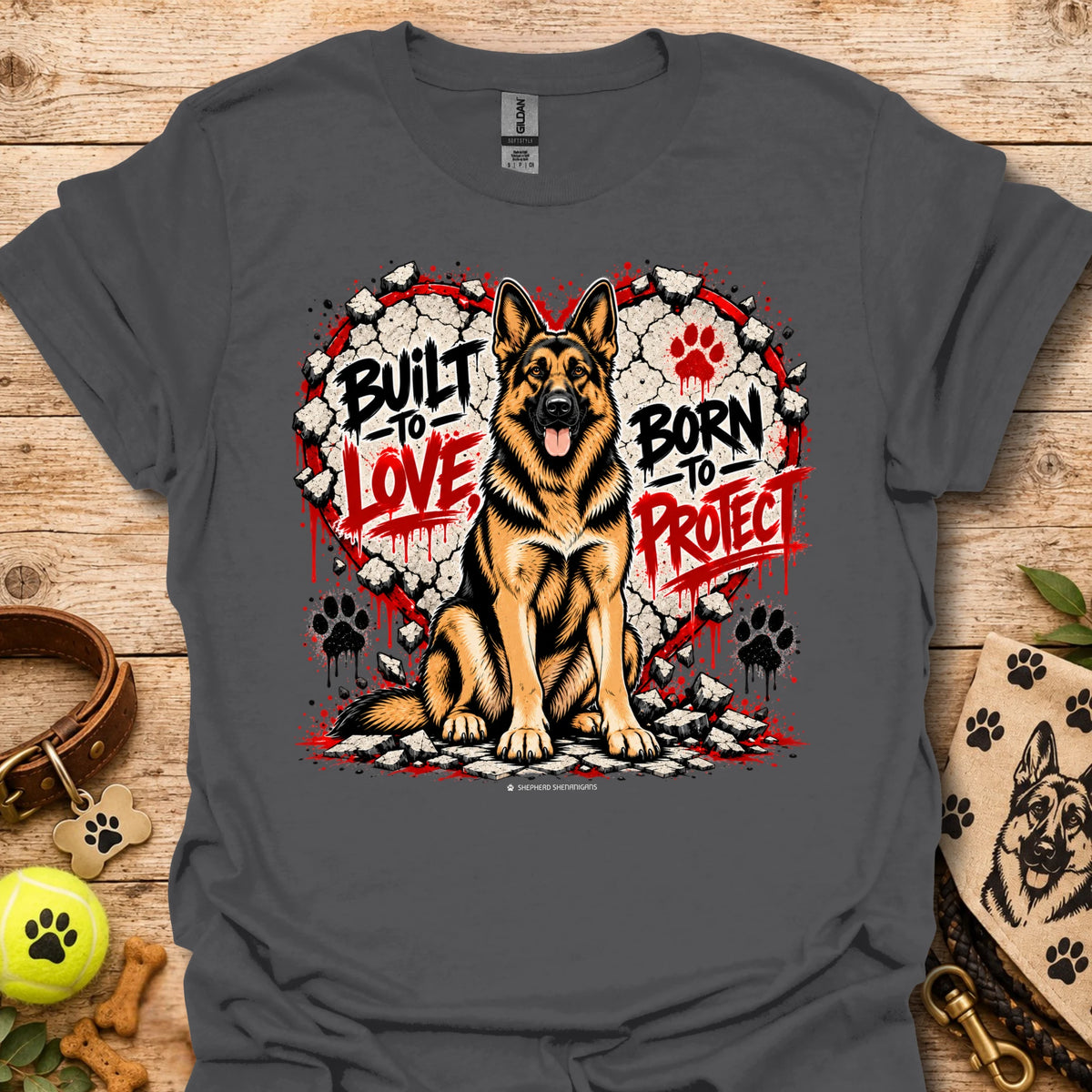 Dark gray T-shirt with German shepherd dog graphic and paw print wreath