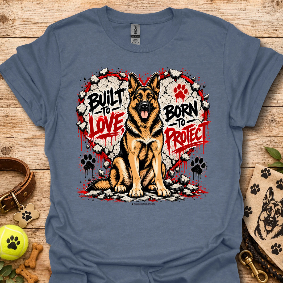 Blue T-shirt with German shepherd dog graphic and red/black paw print details