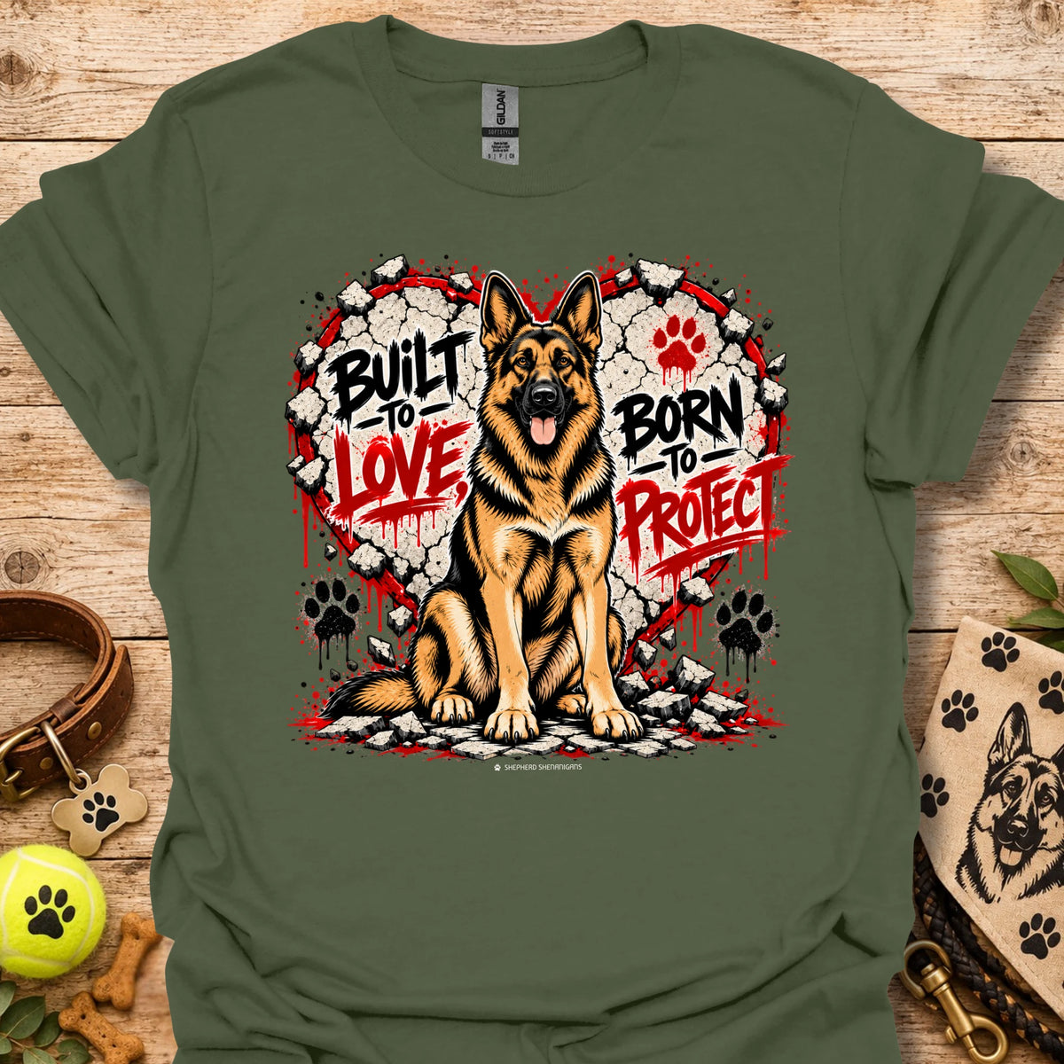 Military green T-shirt with German shepherd dog graphic and paw print wreath