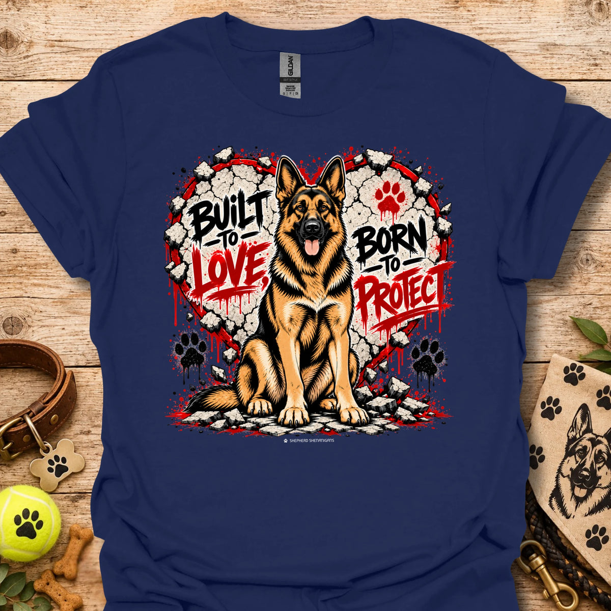 Navy T-shirt with German shepherd dog graphic and red/black paw print wreath