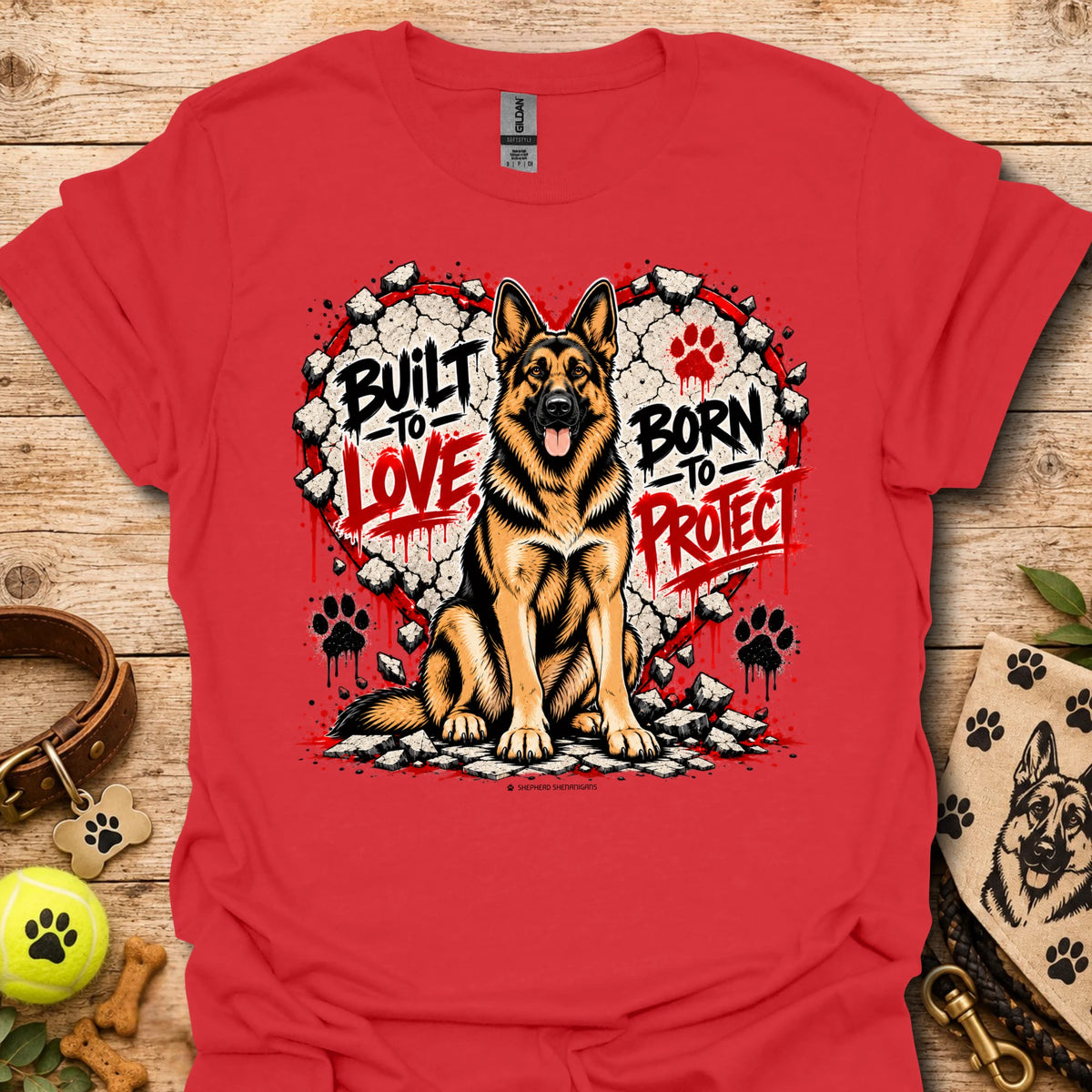 Red T-shirt with German shepherd dog graphic and red/black paw print wreath