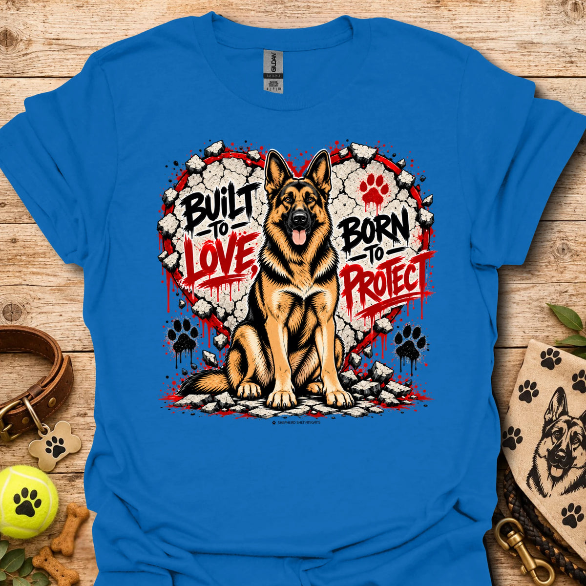 Royal blue T-shirt with German shepherd dog graphic and paw print wreath