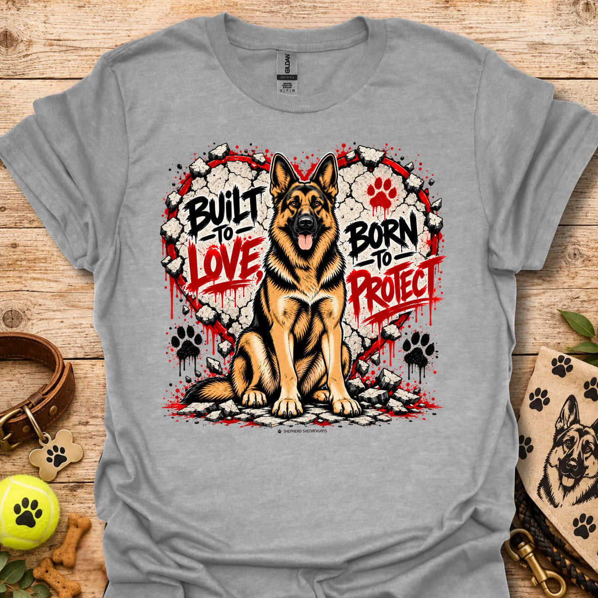 Light gray T-shirt with German shepherd dog graphic and red/black paw prints