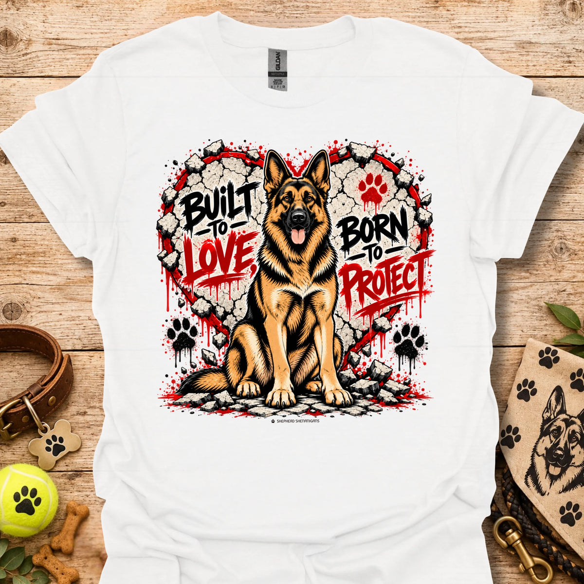 White T-shirt with German shepherd dog graphic and black/red paw print wreath