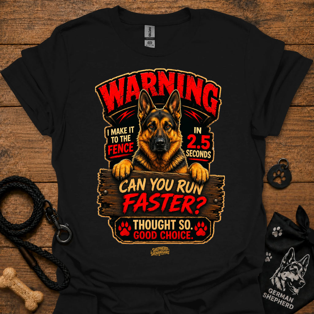 Black graphic T-shirt with German Shepherd warning design and text, crew neck