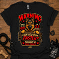 Black graphic T-shirt with German Shepherd warning design and text, crew neck