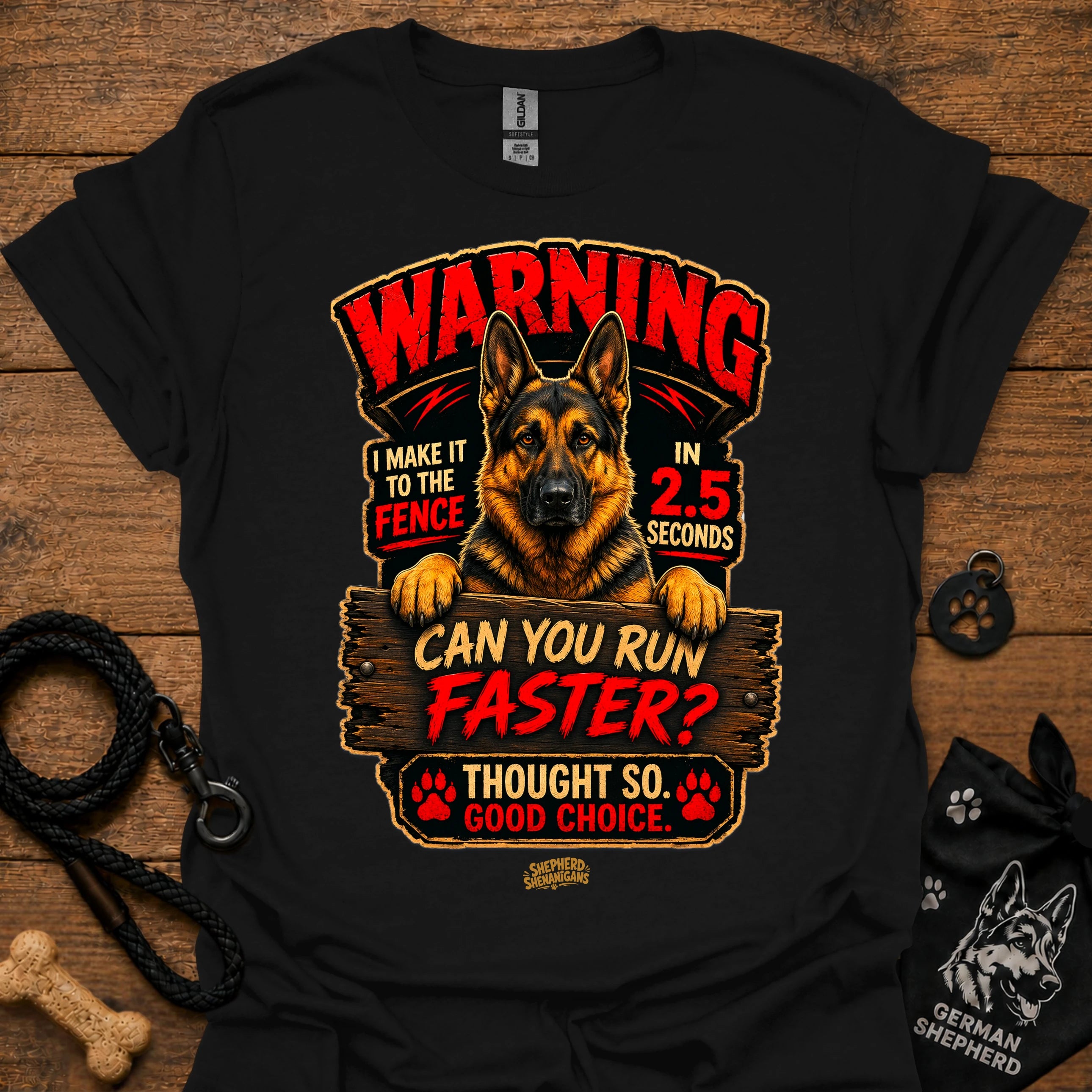 Black graphic T-shirt with German Shepherd warning design and text, crew neck