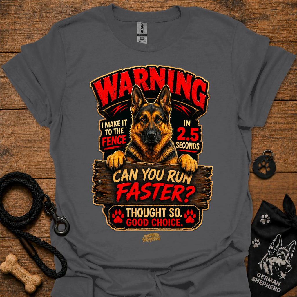 Charcoal gray graphic T-shirt with German Shepherd warning design and text, crew neck