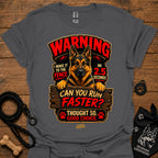Charcoal gray graphic T-shirt with German Shepherd warning design and text, crew neck