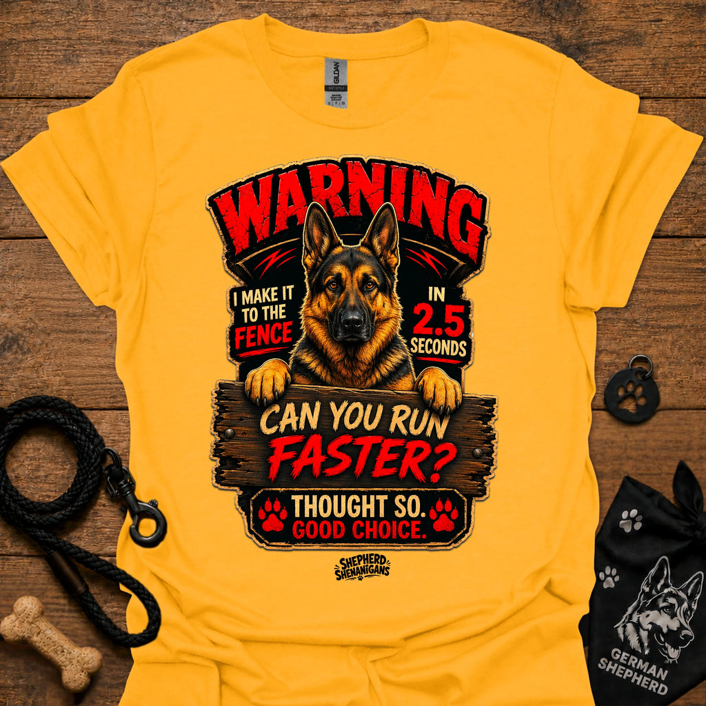 Gold graphic T-shirt with German Shepherd warning design and text, crew neck