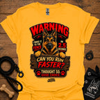 Gold graphic T-shirt with German Shepherd warning design and text, crew neck