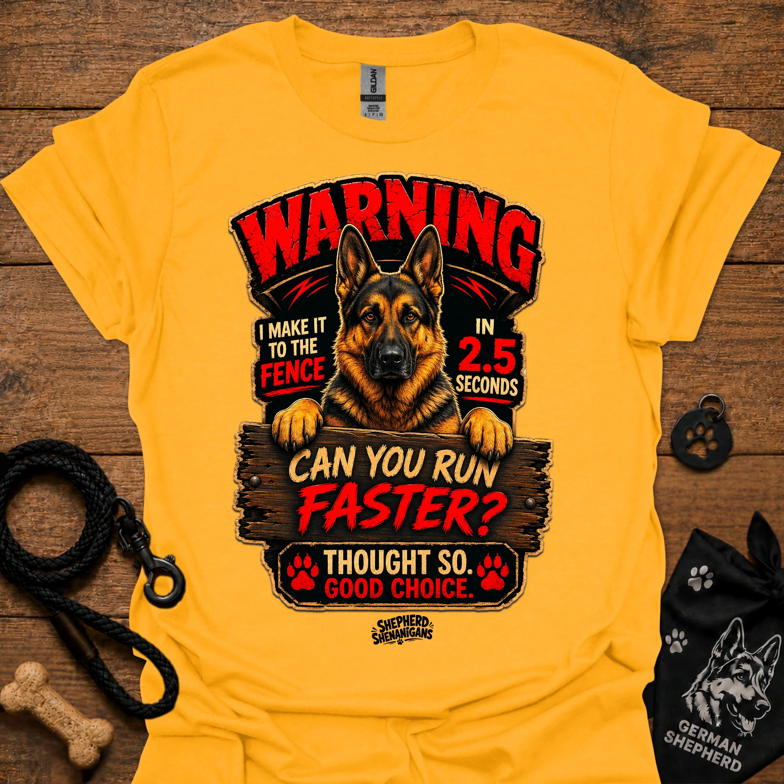 Gold graphic T-shirt with German Shepherd warning design and text, crew neck