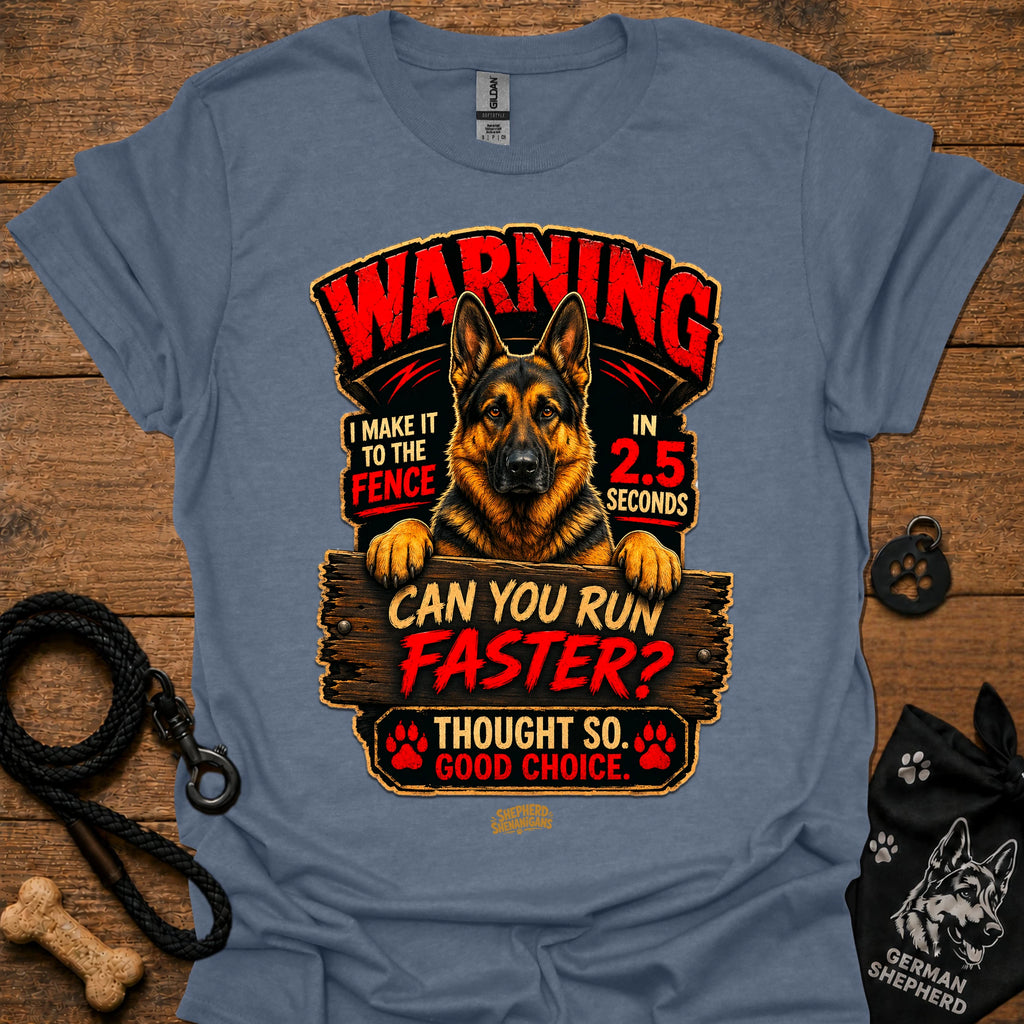 Slate blue graphic T-shirt with German Shepherd warning design and text, crew neck