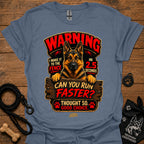 Slate blue graphic T-shirt with German Shepherd warning design and text, crew neck