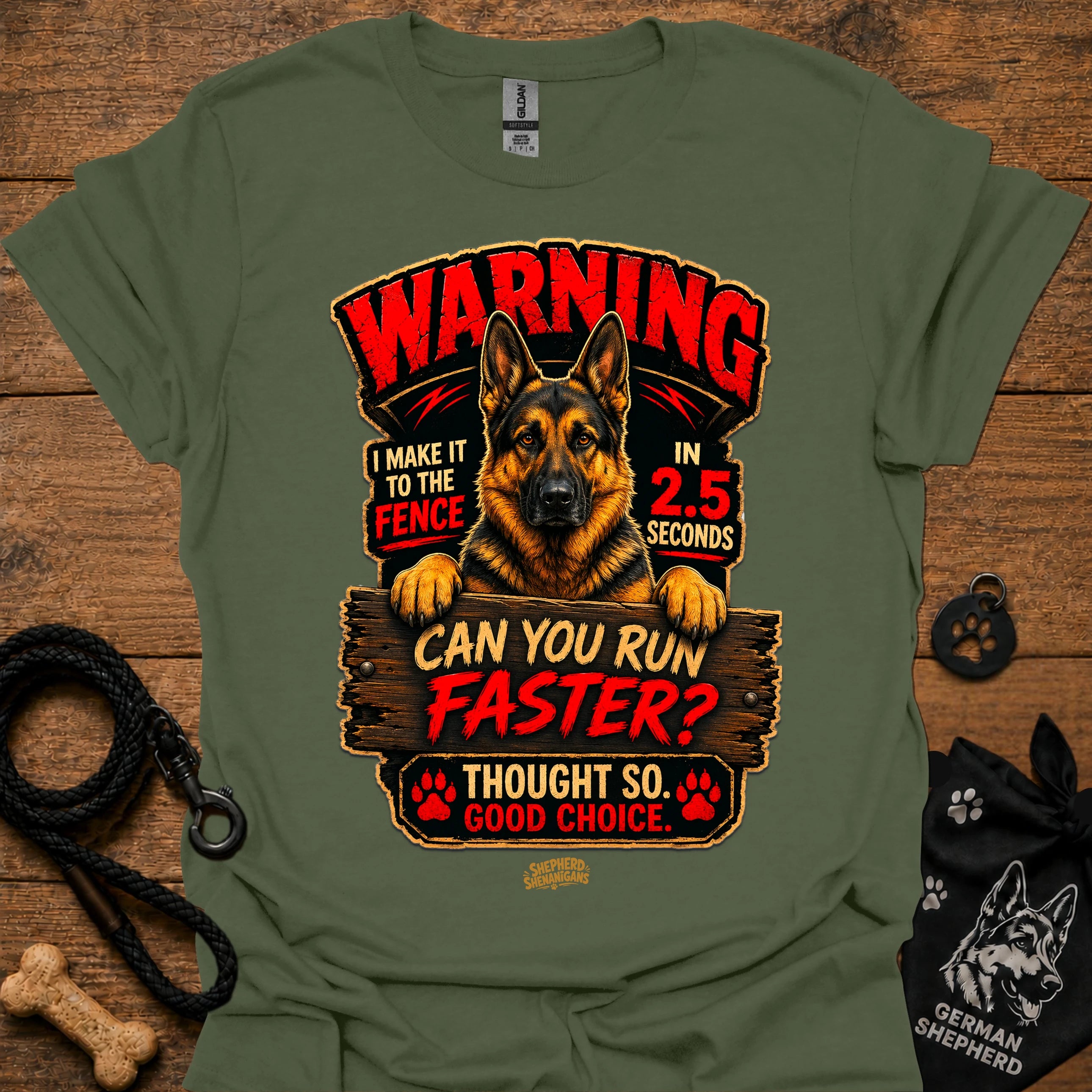 Green graphic T-shirt with German Shepherd warning design and text, crew neck