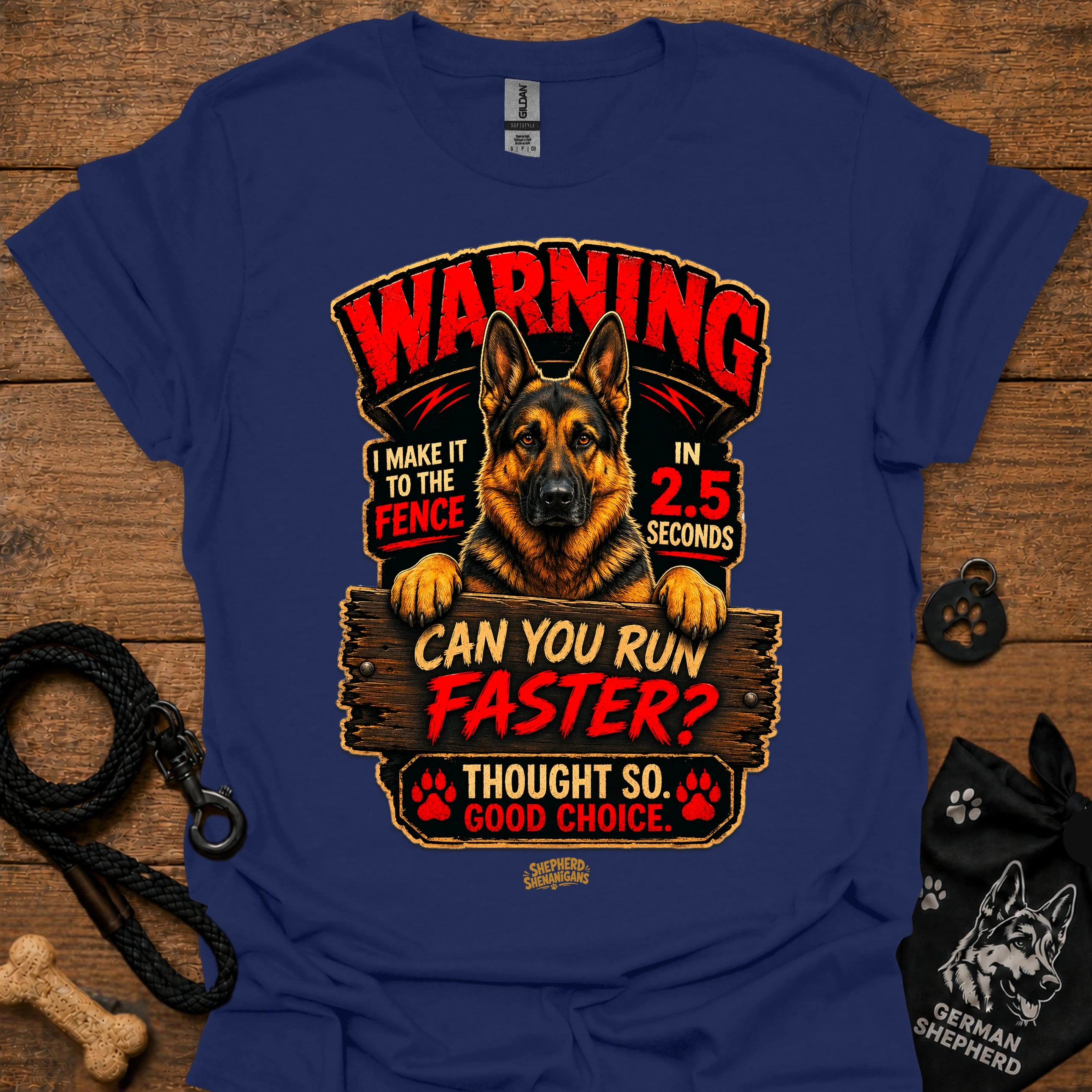 Royal blue graphic T-shirt with German Shepherd warning design and text, crew neck