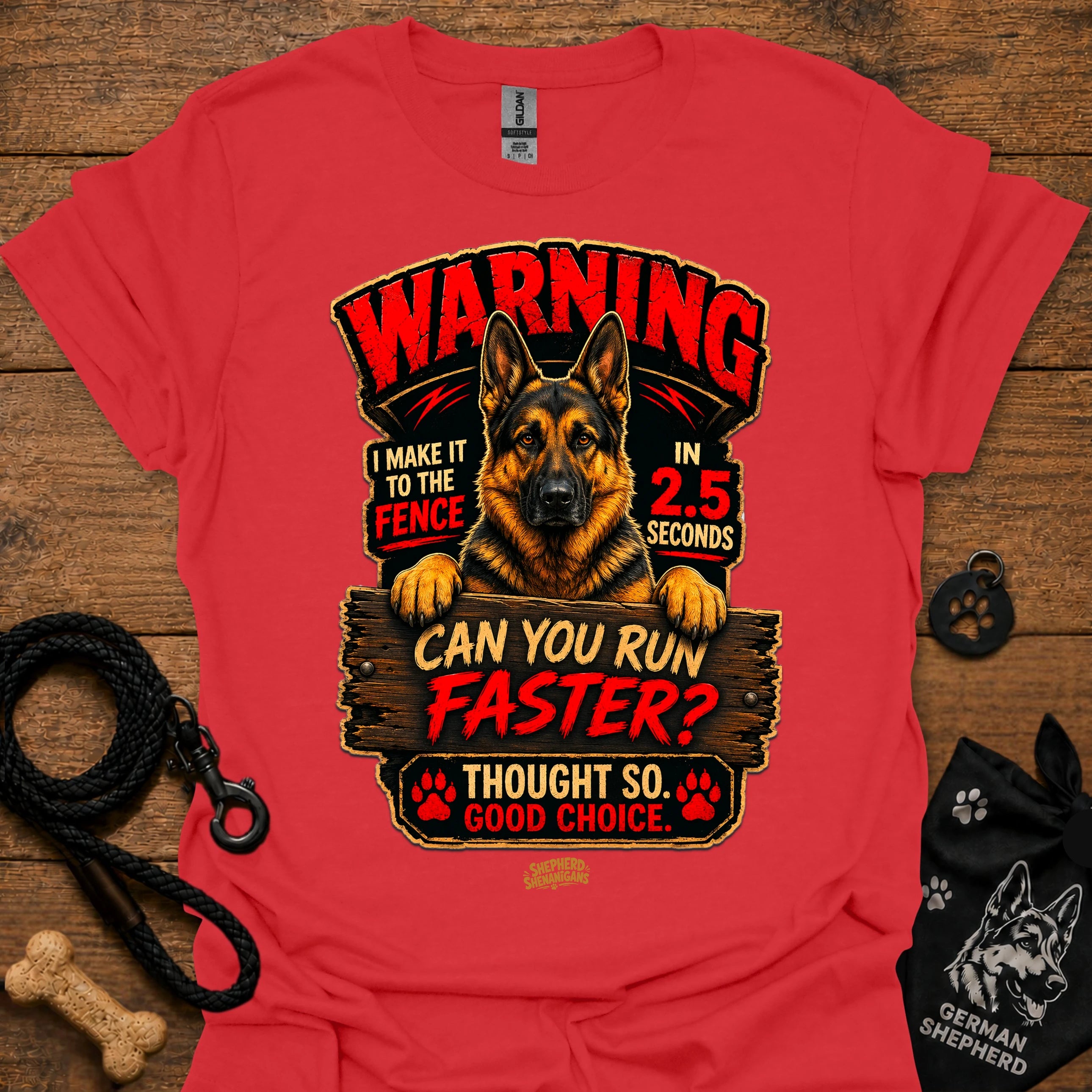 Red graphic T-shirt with German Shepherd warning design and text, crew neck