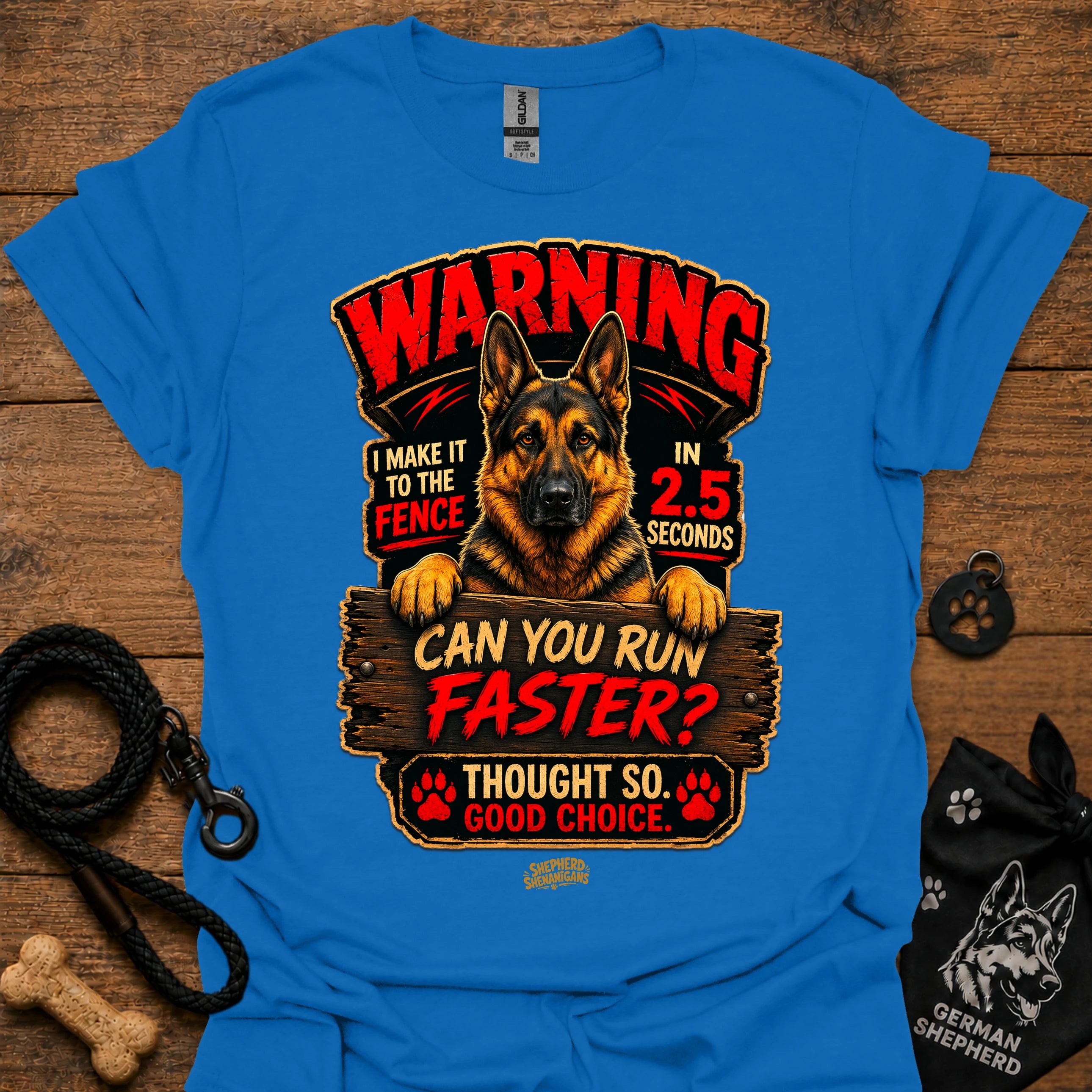 Blue graphic T-shirt with German Shepherd warning design and text, crew neck