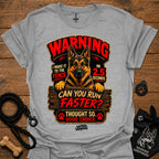 Light gray graphic T-shirt with German Shepherd warning design and text, crew neck