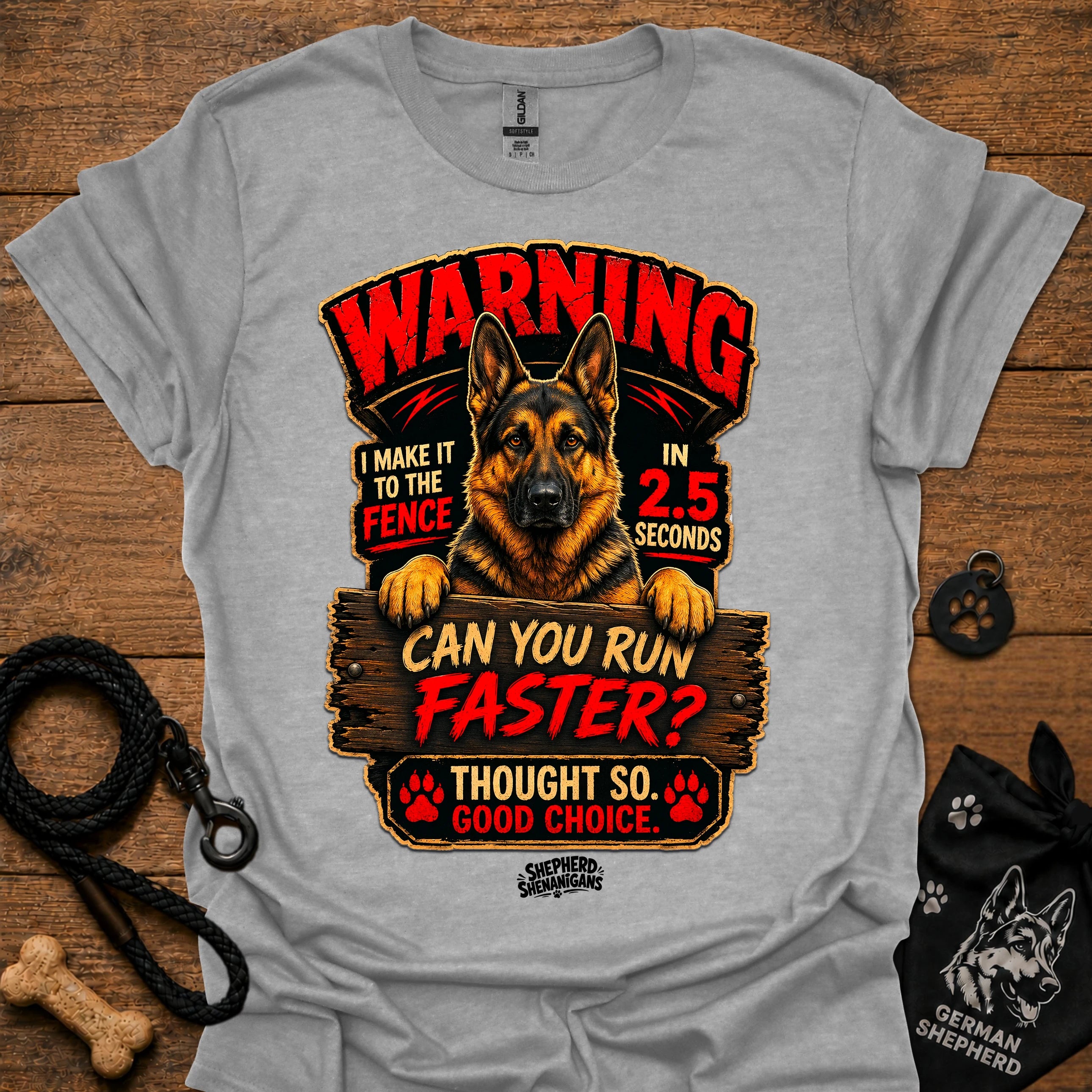 Light gray graphic T-shirt with German Shepherd warning design and text, crew neck