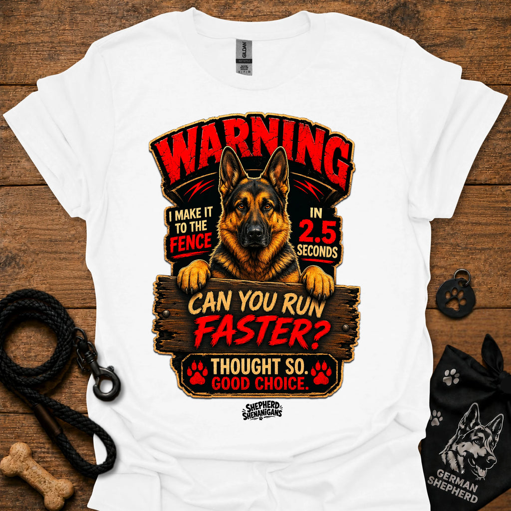 White graphic T-shirt with German Shepherd warning design and text, crew neck
