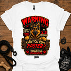 White graphic T-shirt with German Shepherd warning design and text, crew neck