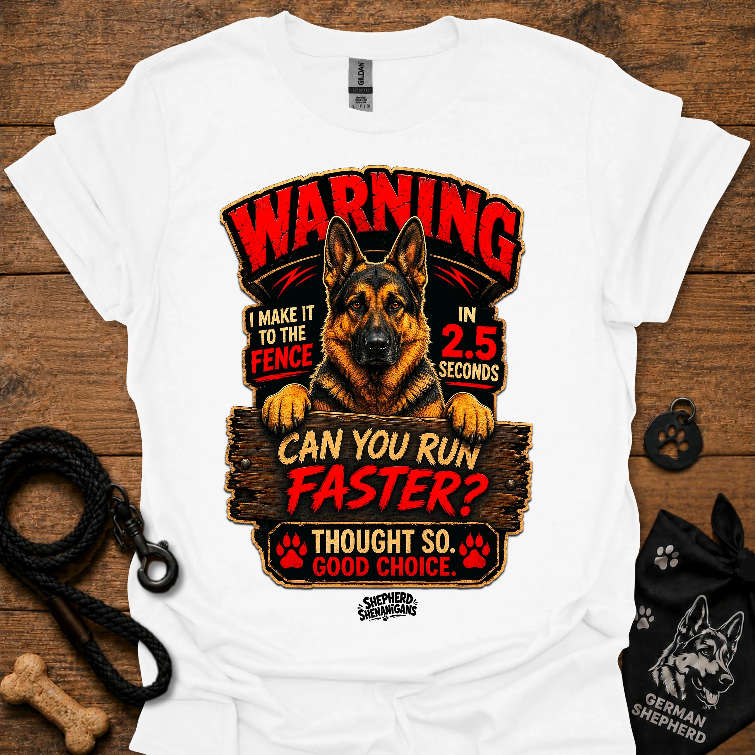 White graphic T-shirt with German Shepherd warning design and text, crew neck
