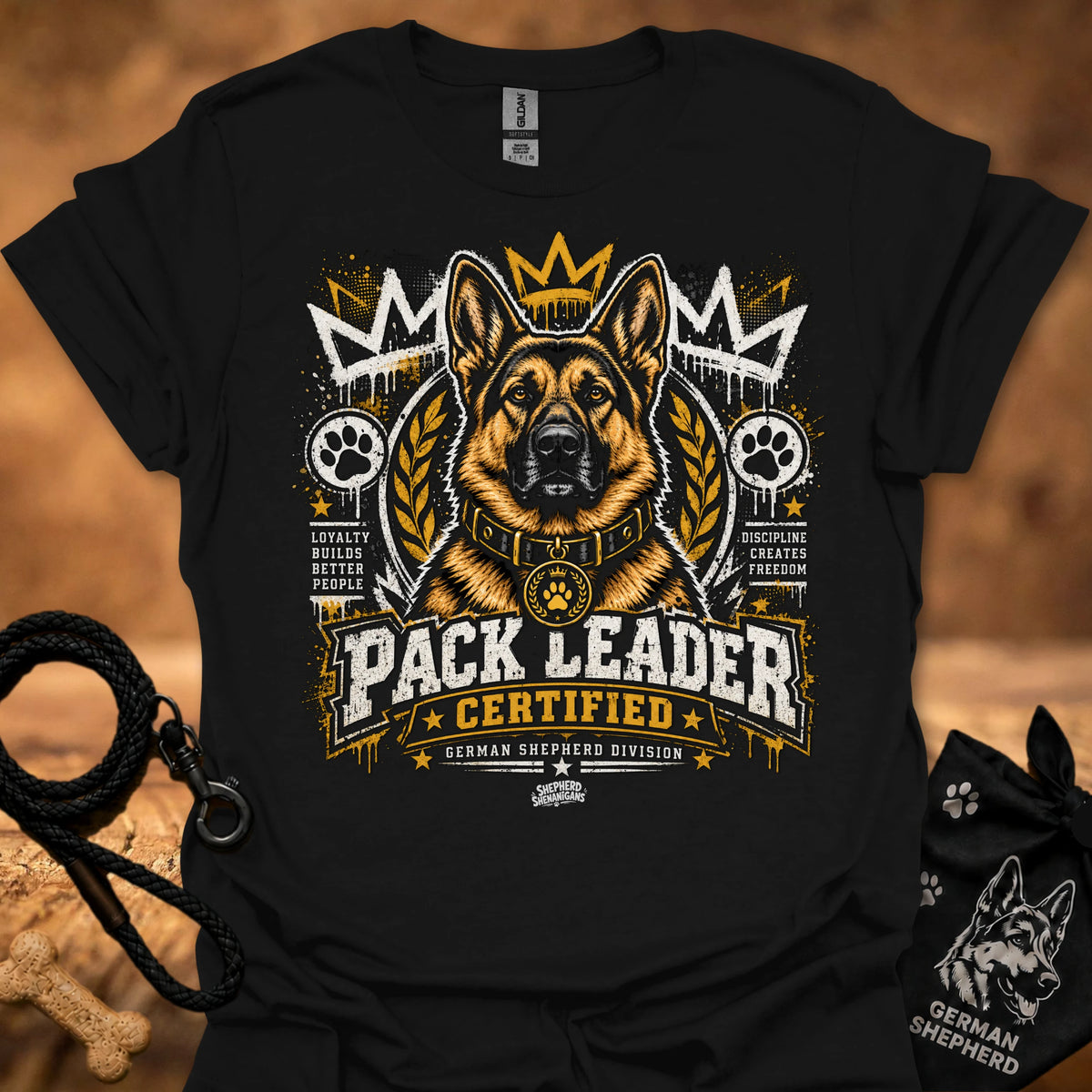 Black T-shirt with German shepherd “Pack Leader Certified” chest graphic