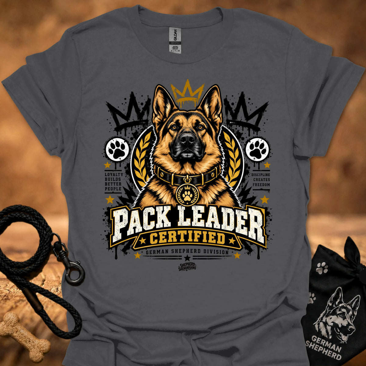 Charcoal T-shirt with German shepherd “Pack Leader Certified” chest graphic