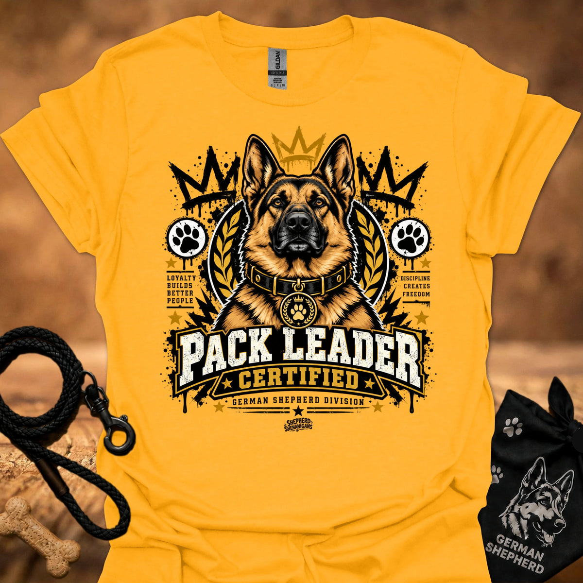 Gold T-shirt with German shepherd “Pack Leader Certified” chest graphic