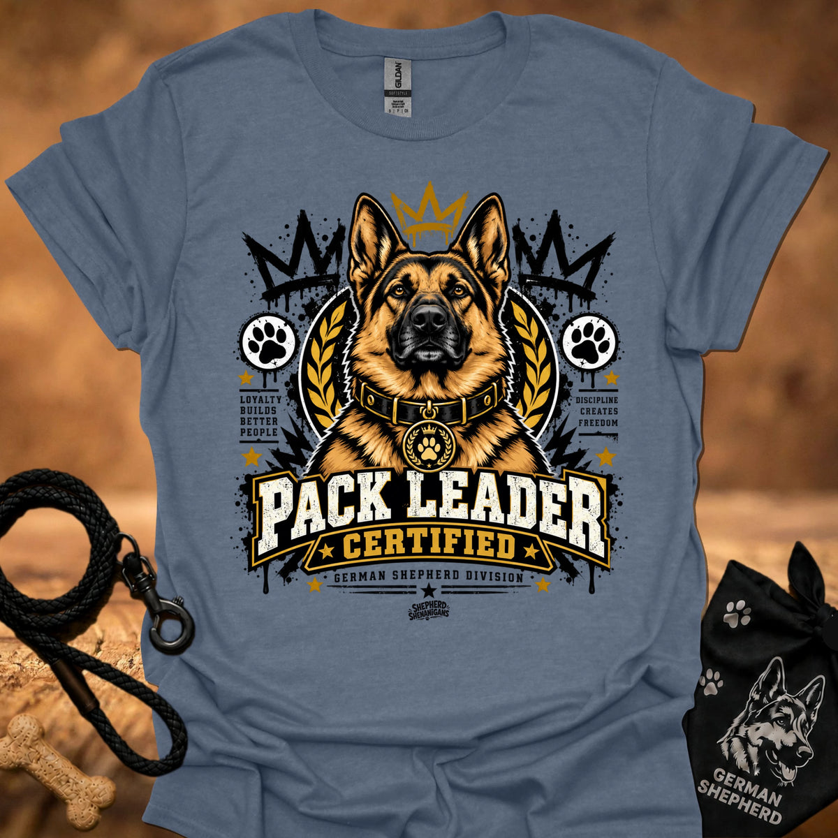 Heather indigo T-shirt with German shepherd “Pack Leader Certified” chest graphic