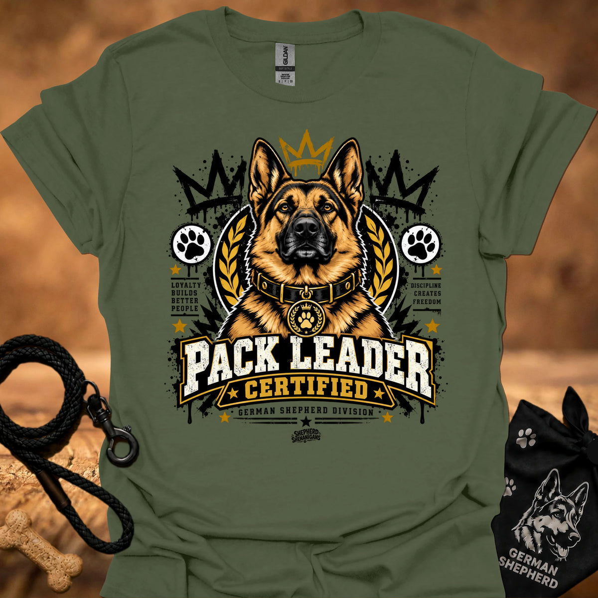 Military green T-shirt with German shepherd “Pack Leader Certified” chest graphic