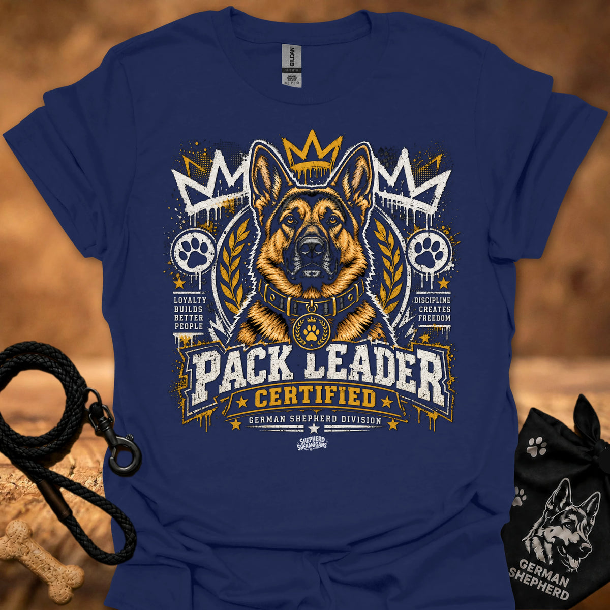 Navy T-shirt with German shepherd “Pack Leader Certified” chest graphic