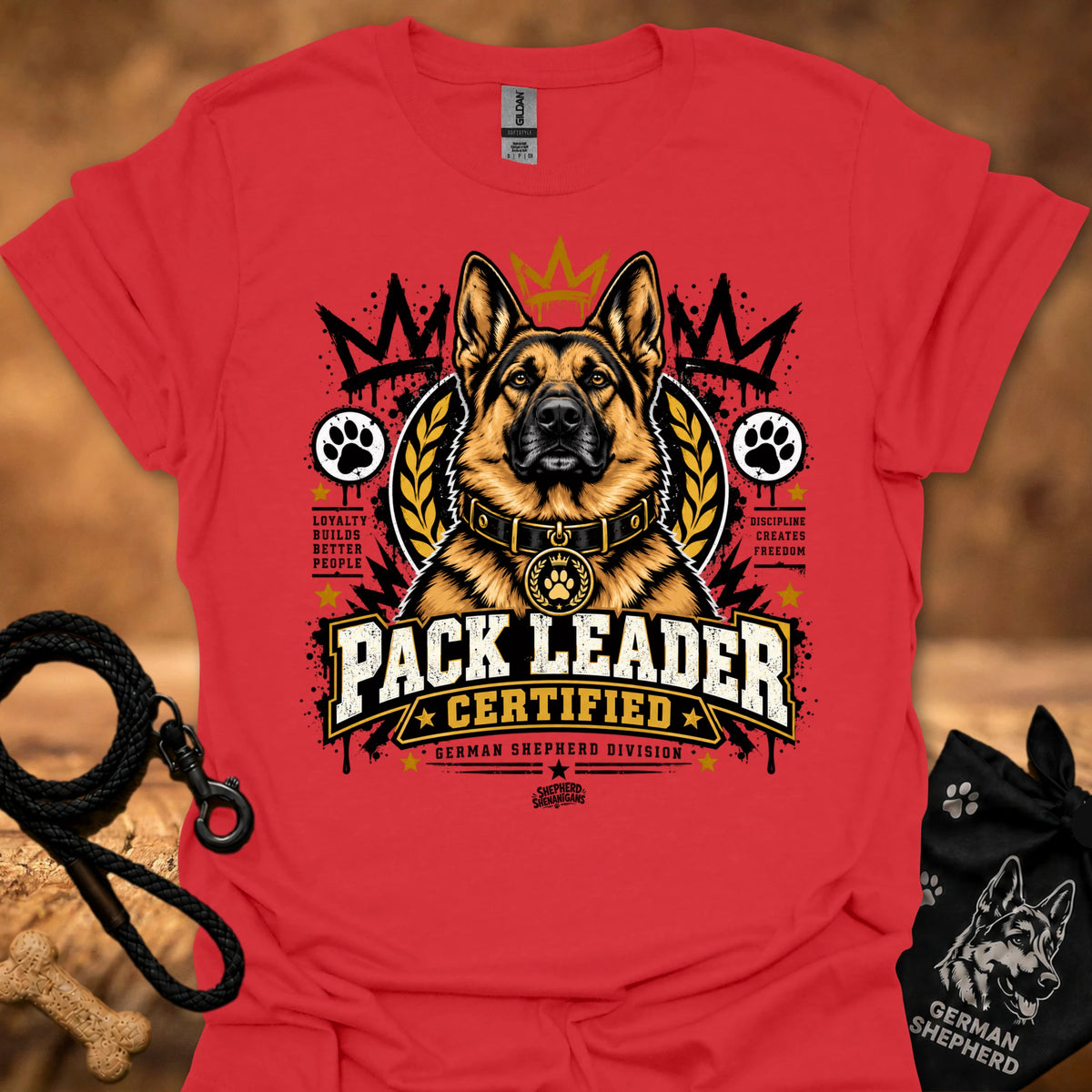 Red T-shirt with German shepherd “Pack Leader Certified” chest graphic