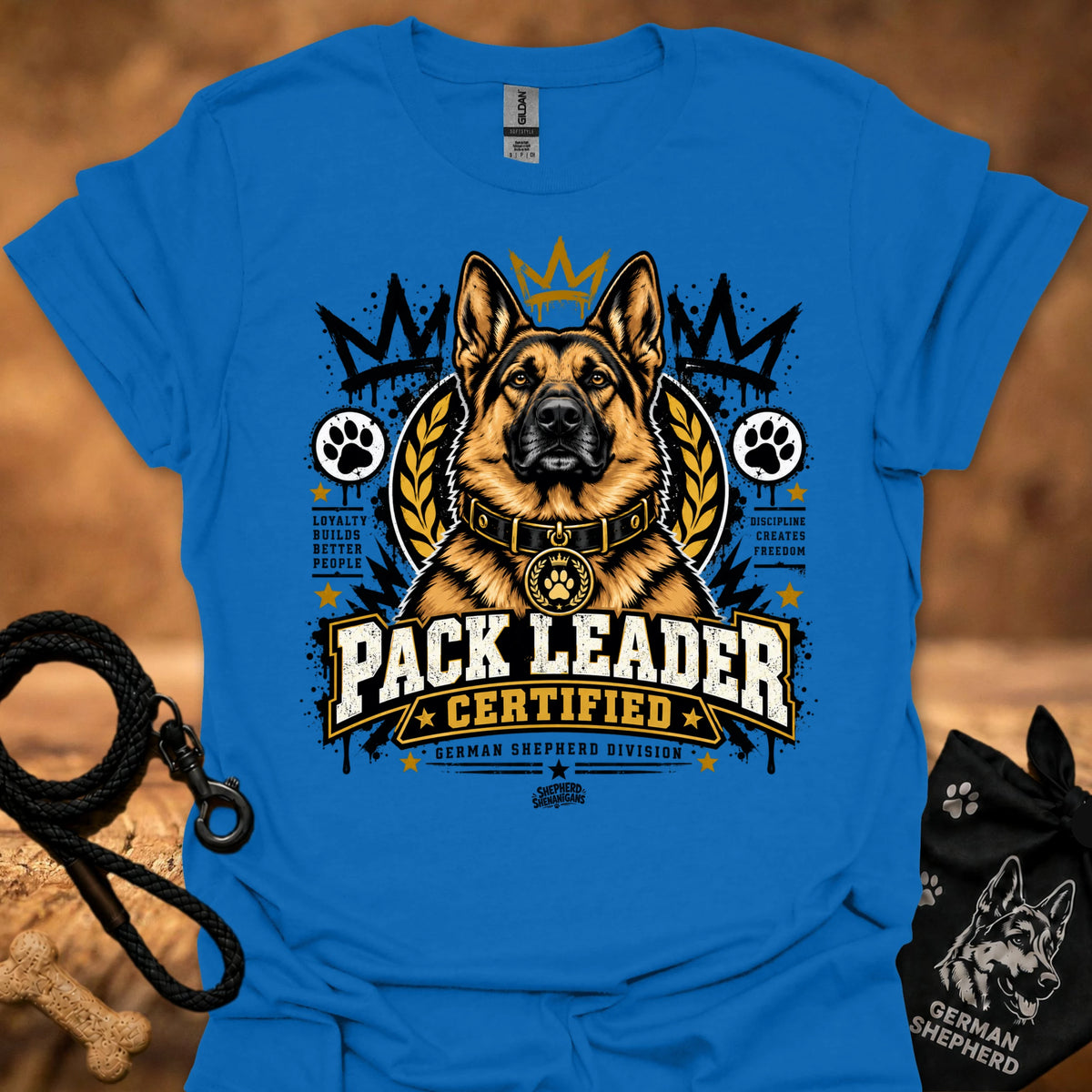 Royal blue T-shirt with German shepherd “Pack Leader Certified” chest graphic